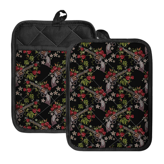 Guns And Flowers Pattern Print Pot Holders With Pocket