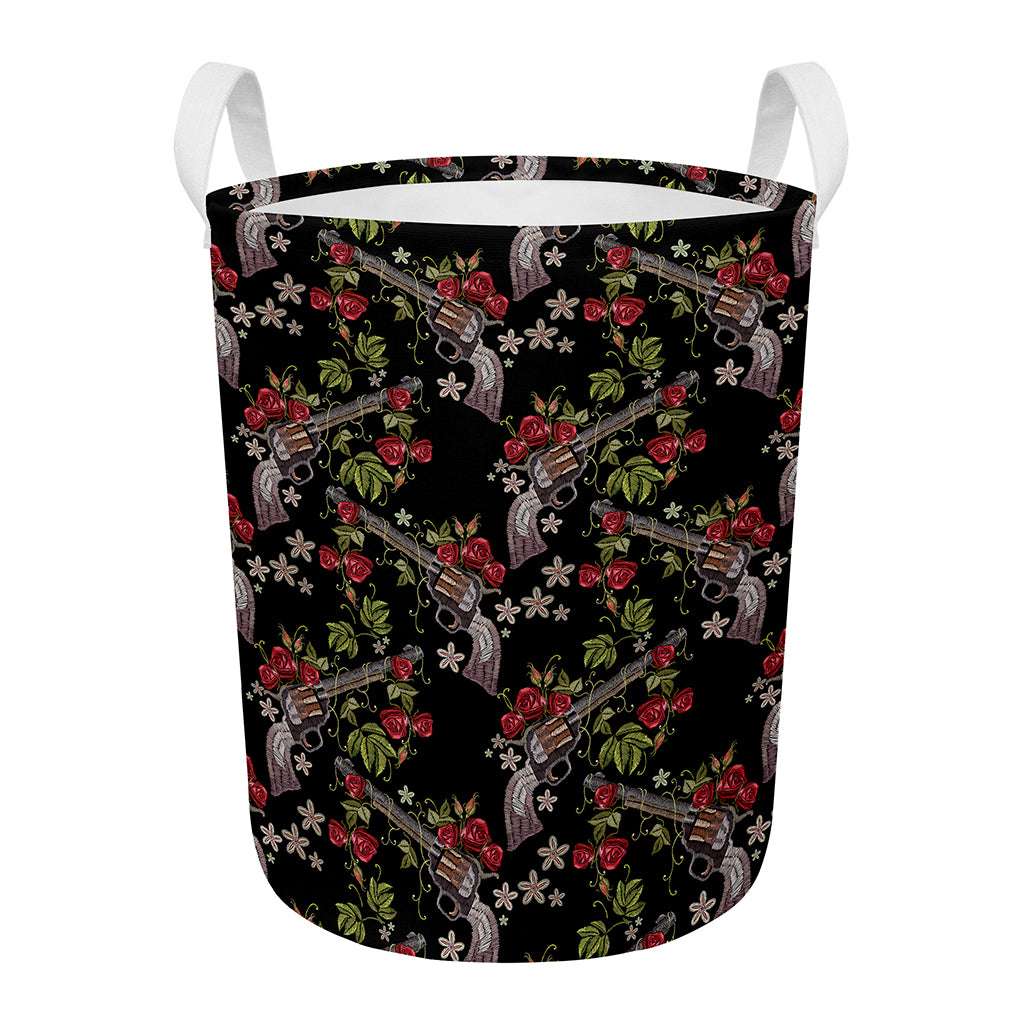 Guns And Flowers Pattern Print Round Laundry Basket