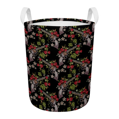 Guns And Flowers Pattern Print Round Laundry Basket