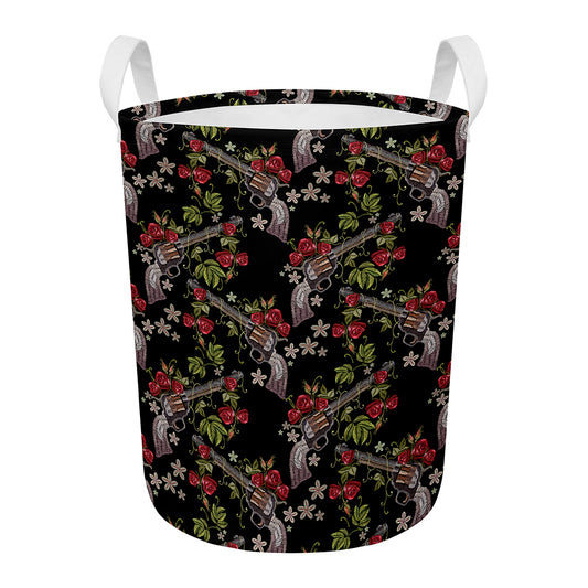 Guns And Flowers Pattern Print Round Laundry Basket