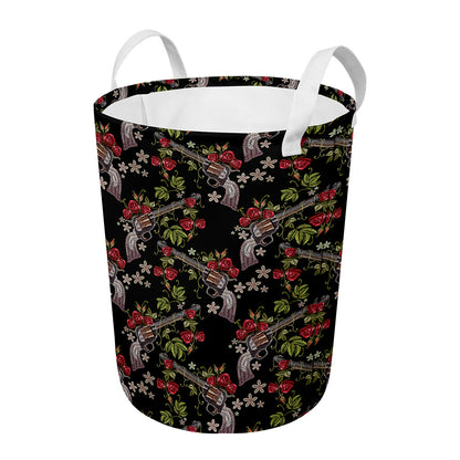 Guns And Flowers Pattern Print Round Laundry Basket