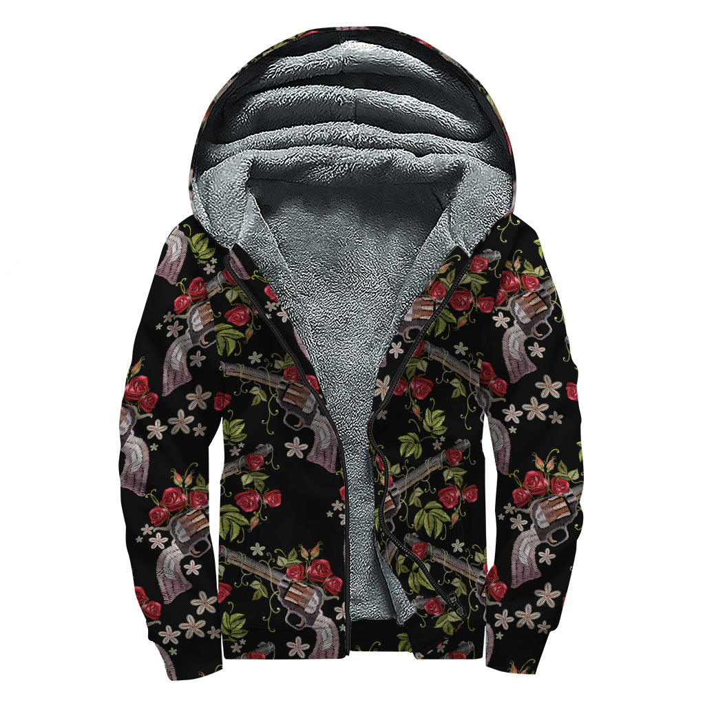 Guns And Flowers Pattern Print Sherpa Lined Zip Up Hoodie