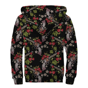 Guns And Flowers Pattern Print Sherpa Lined Zip Up Hoodie
