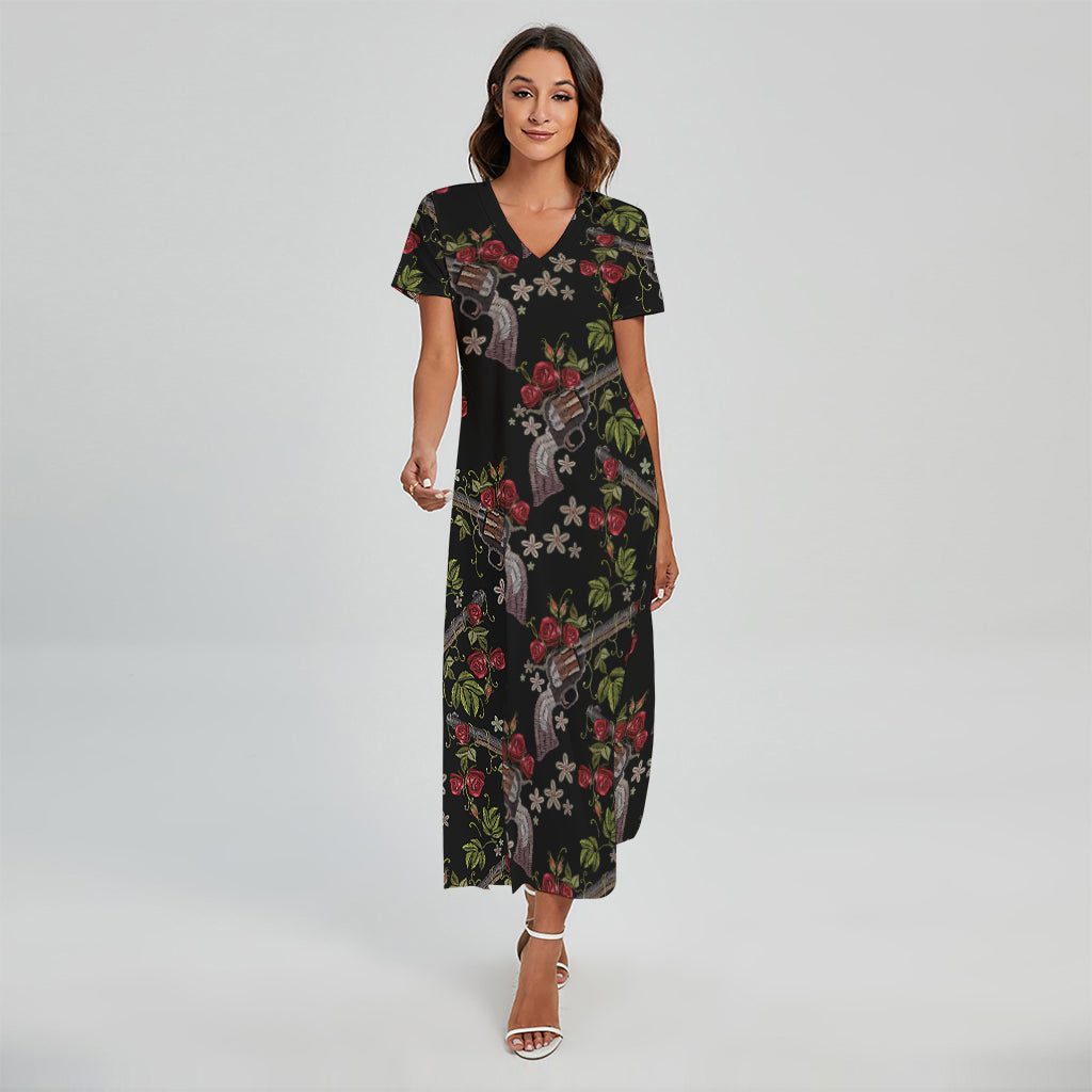 Guns And Flowers Pattern Print Short Sleeve Maxi Dress