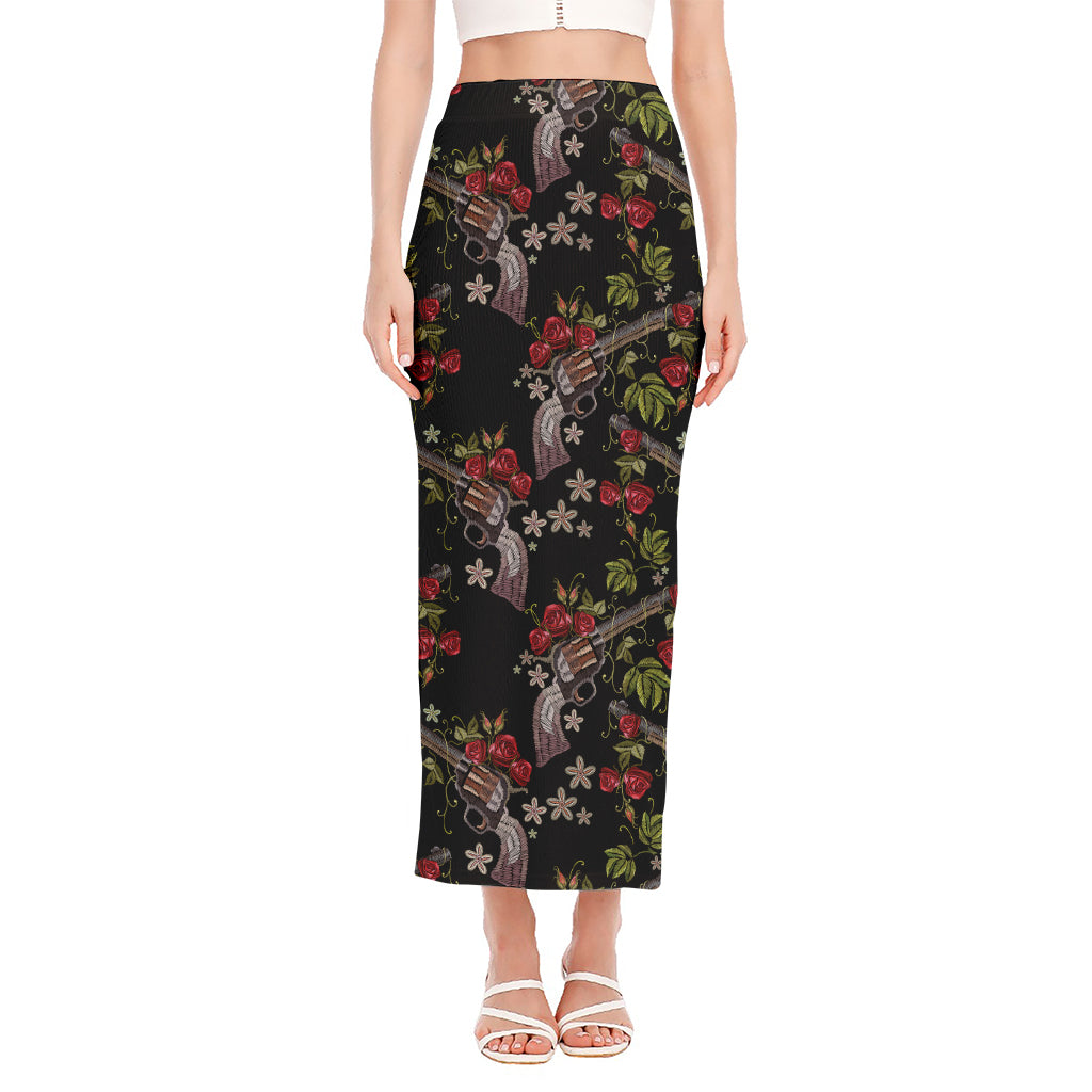 Guns And Flowers Pattern Print Side Slit Maxi Skirt