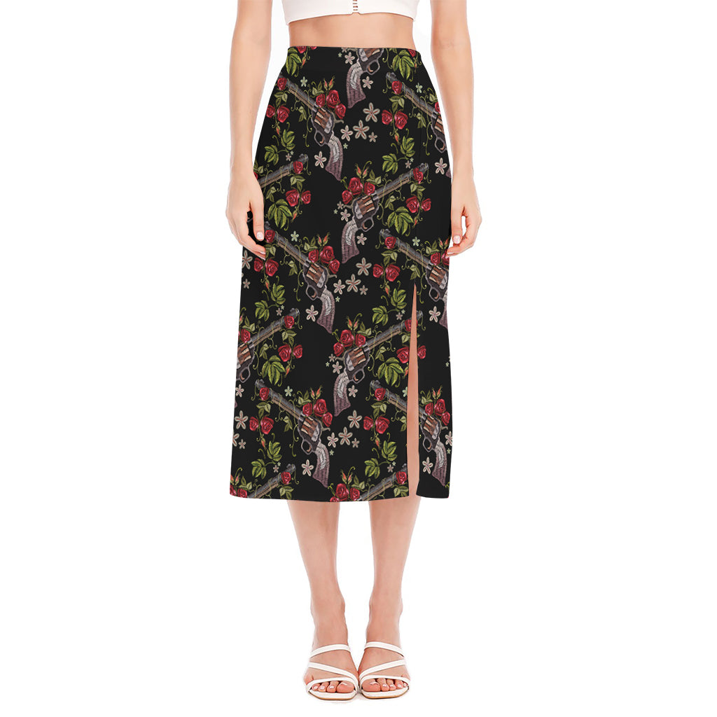 Guns And Flowers Pattern Print Side Slit Midi Skirt