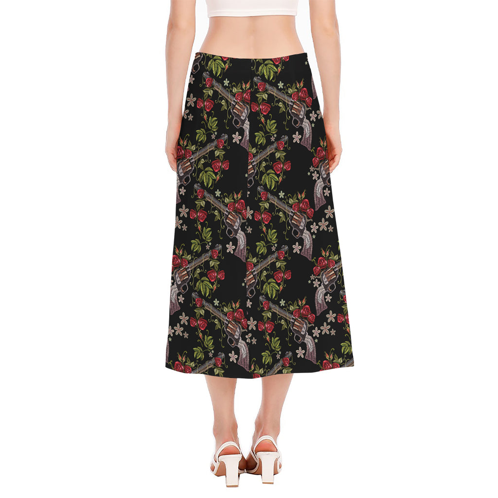 Guns And Flowers Pattern Print Side Slit Midi Skirt