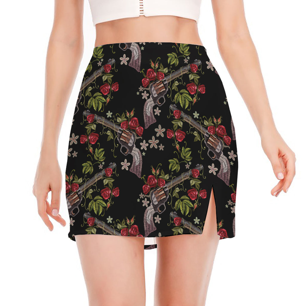 Guns And Flowers Pattern Print Side Slit Mini Skirt