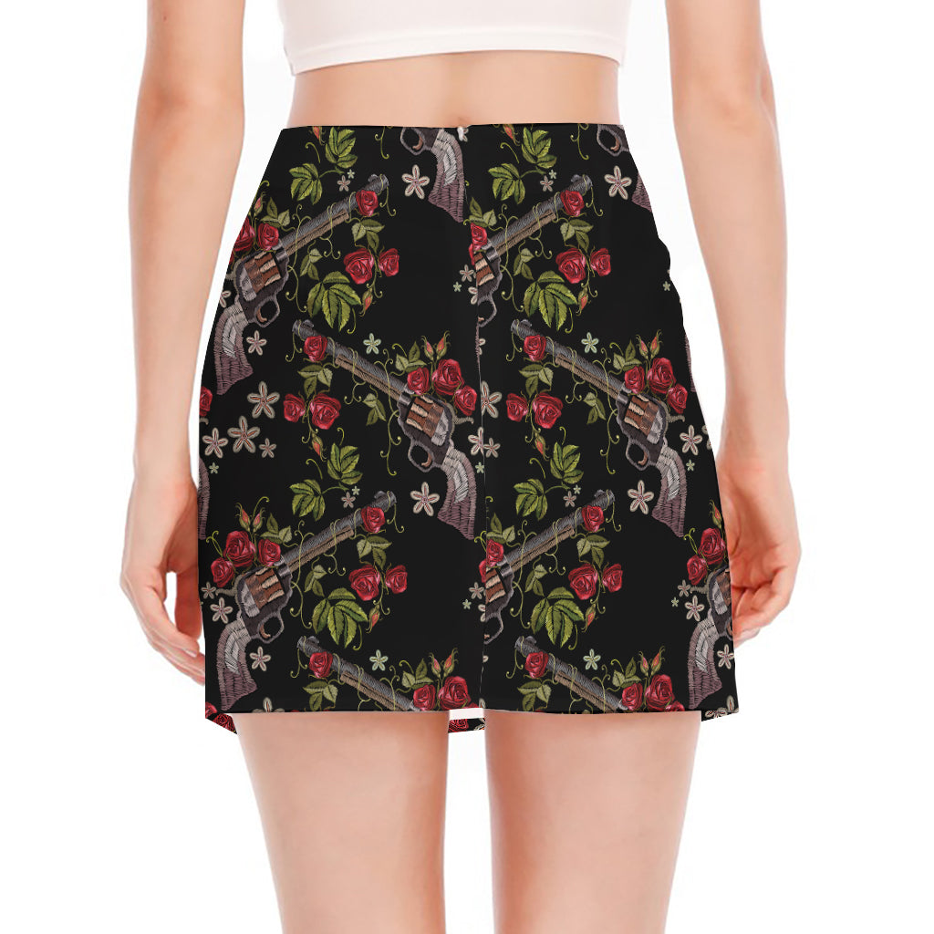 Guns And Flowers Pattern Print Side Slit Mini Skirt