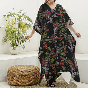 Guns And Flowers Pattern Print Silk V-Neck Kaftan Dress