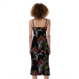 Guns And Flowers Pattern Print Slim Fit Midi Cami Dress