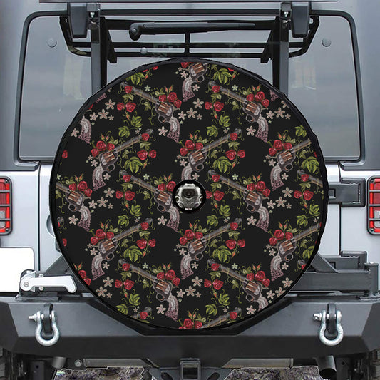 Guns And Flowers Pattern Print Tire Cover With Camera Hole