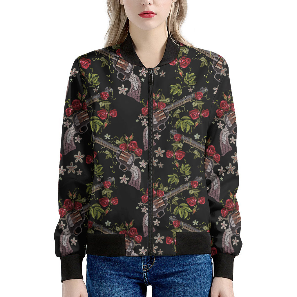 Guns And Flowers Pattern Print Women's Bomber Jacket