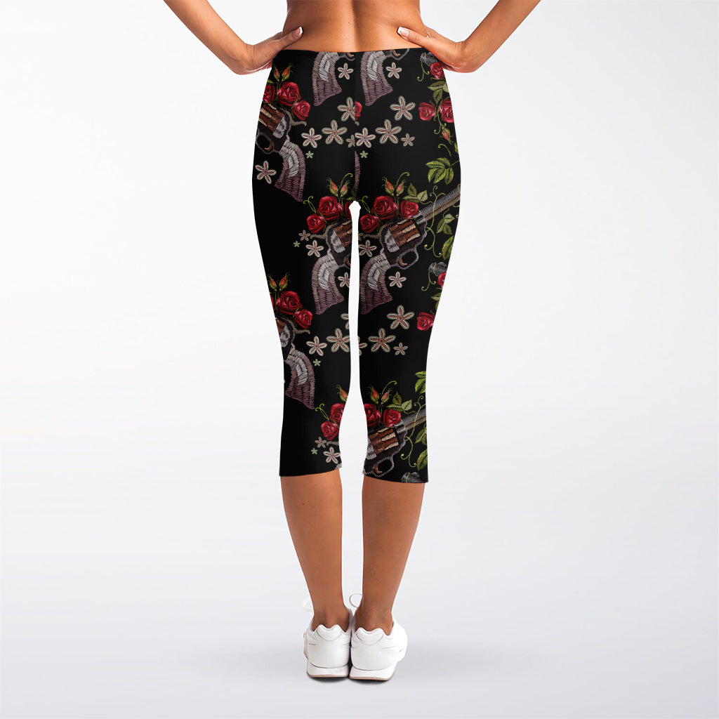Guns And Flowers Pattern Print Women's Capri Leggings