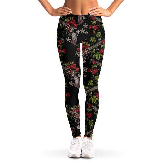 Guns And Flowers Pattern Print Women's Leggings
