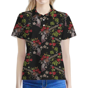 Guns And Flowers Pattern Print Women's Polo Shirt