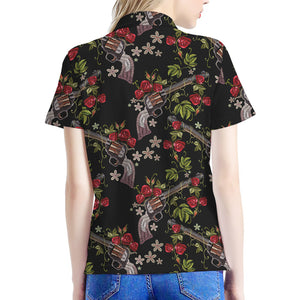 Guns And Flowers Pattern Print Women's Polo Shirt