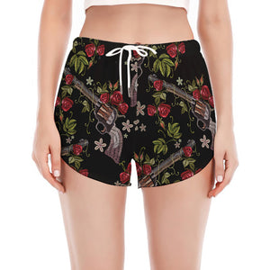 Guns And Flowers Pattern Print Women's Split Running Shorts