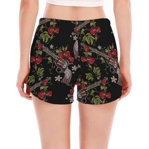 Guns And Flowers Pattern Print Women's Split Running Shorts