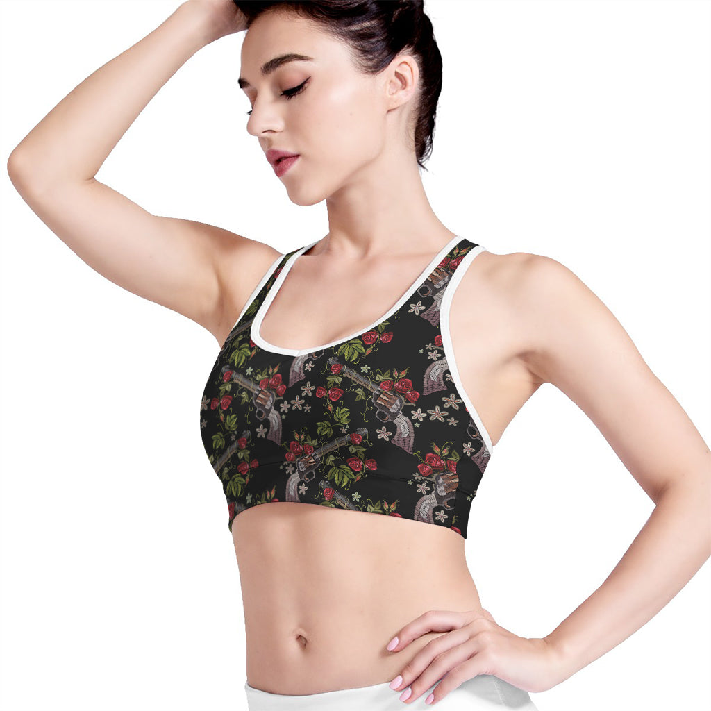 Guns And Flowers Pattern Print Women's Sports Bra