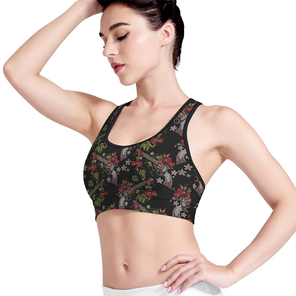 Guns And Flowers Pattern Print Women's Sports Bra