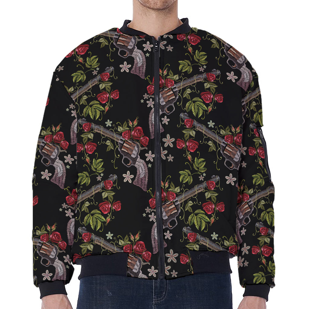 Guns And Flowers Pattern Print Zip Sleeve Bomber Jacket