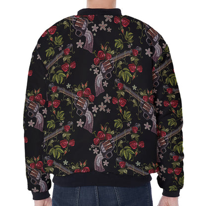 Guns And Flowers Pattern Print Zip Sleeve Bomber Jacket
