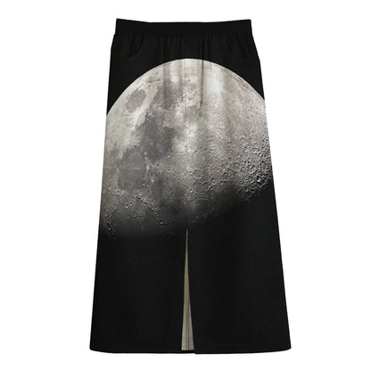 Half Moon Print Cotton Front Slit Maxi Skirt