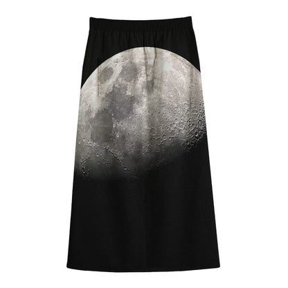 Half Moon Print Cotton Front Slit Maxi Skirt