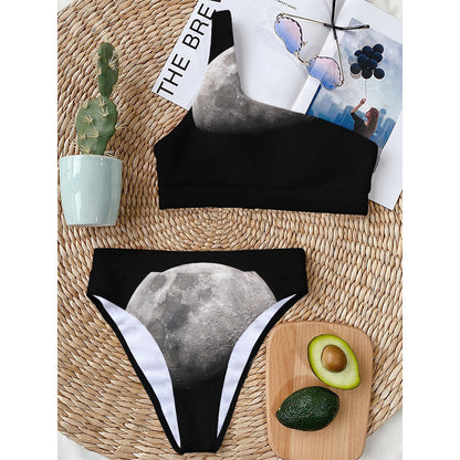 Half Moon Print One Shoulder Bikini Top