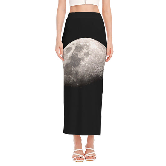 Half Moon Print Side Slit Maxi Skirt