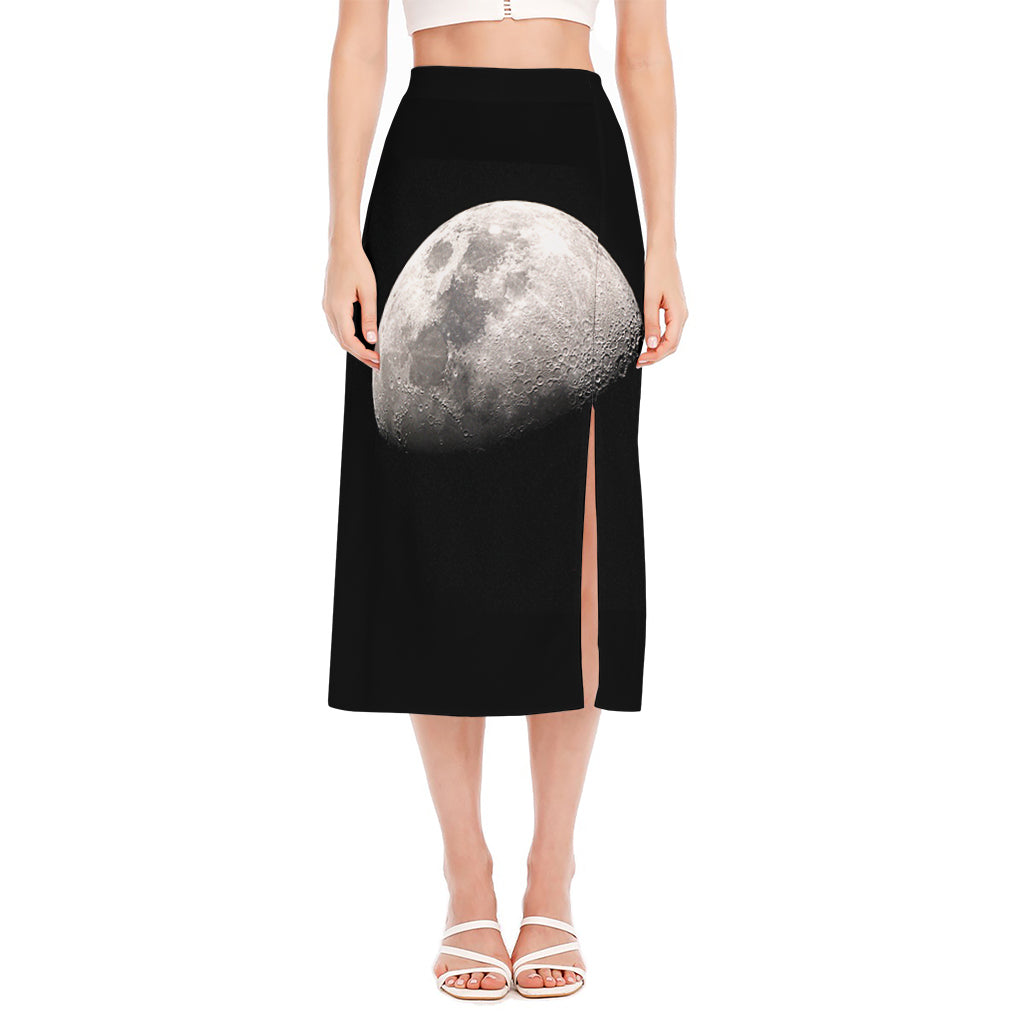Half Moon Print Side Slit Midi Skirt