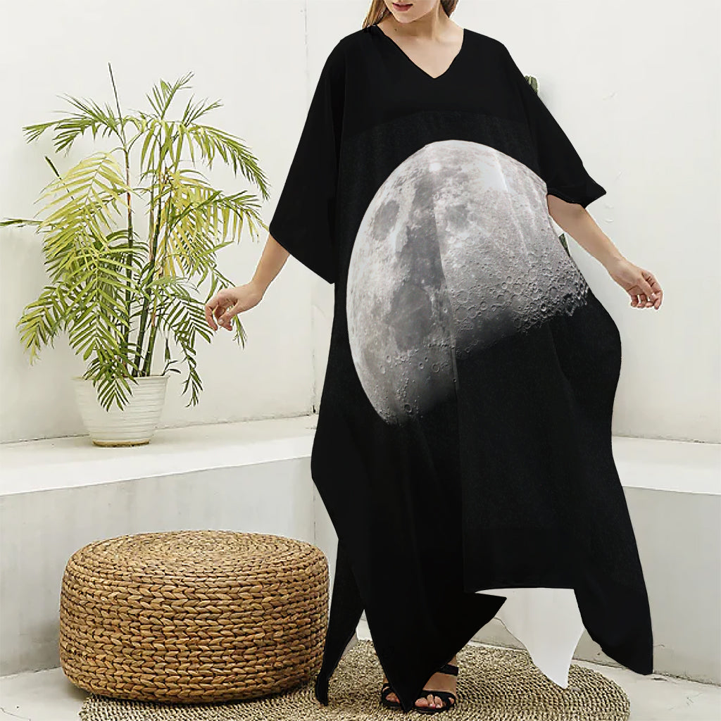 Half Moon Print Silk V-Neck Kaftan Dress