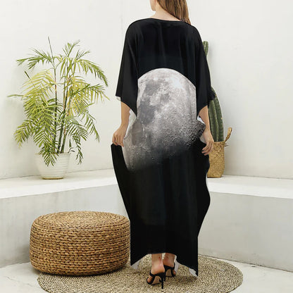 Half Moon Print Silk V-Neck Kaftan Dress