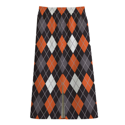 Halloween Argyle Pattern Print Cotton Front Slit Maxi Skirt