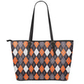 Halloween Argyle Pattern Print Leather Tote Bag With Zipper