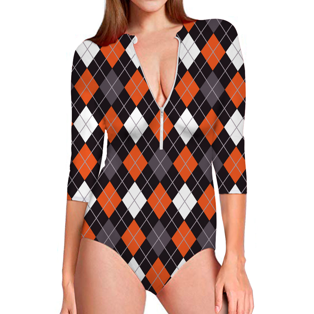 Halloween Argyle Pattern Print Long Sleeve Swimsuit