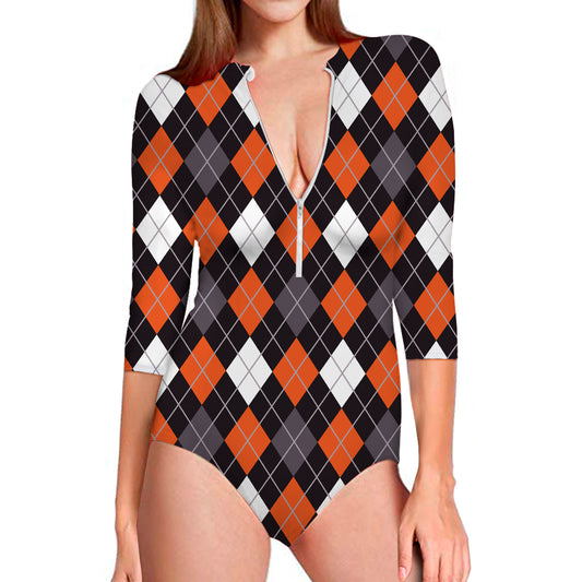 Halloween Argyle Pattern Print Long Sleeve Swimsuit