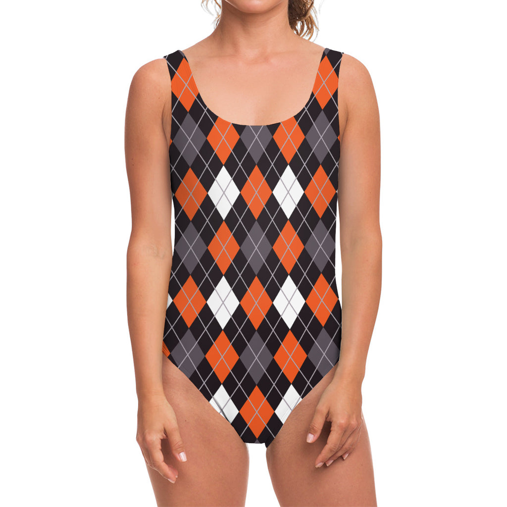 Halloween Argyle Pattern Print One Piece Swimsuit