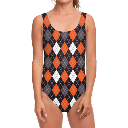 Halloween Argyle Pattern Print One Piece Swimsuit