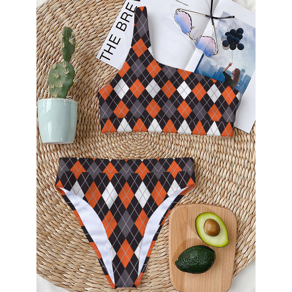 Halloween Argyle Pattern Print One Shoulder Bikini Top