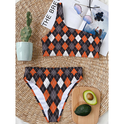 Halloween Argyle Pattern Print One Shoulder Bikini Top