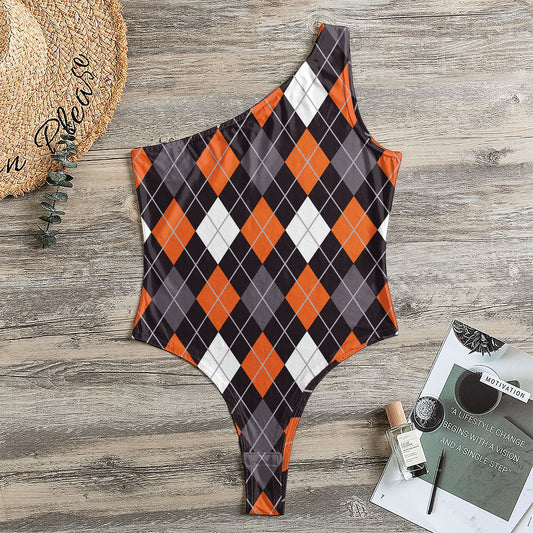 Halloween Argyle Pattern Print One Shoulder Bodysuit