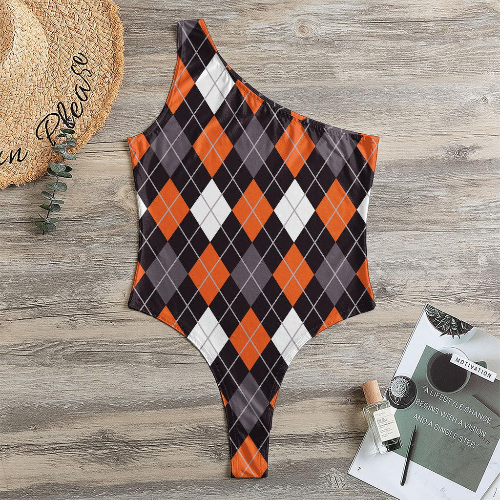 Halloween Argyle Pattern Print One Shoulder Bodysuit