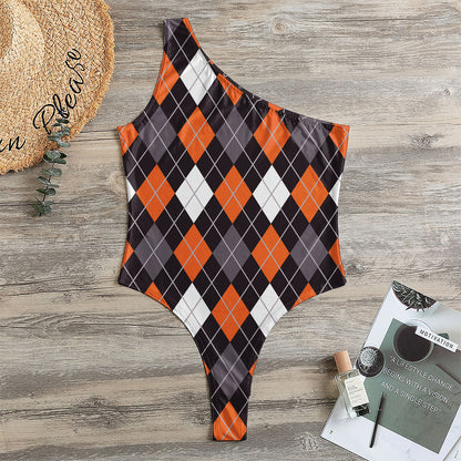 Halloween Argyle Pattern Print One Shoulder Bodysuit