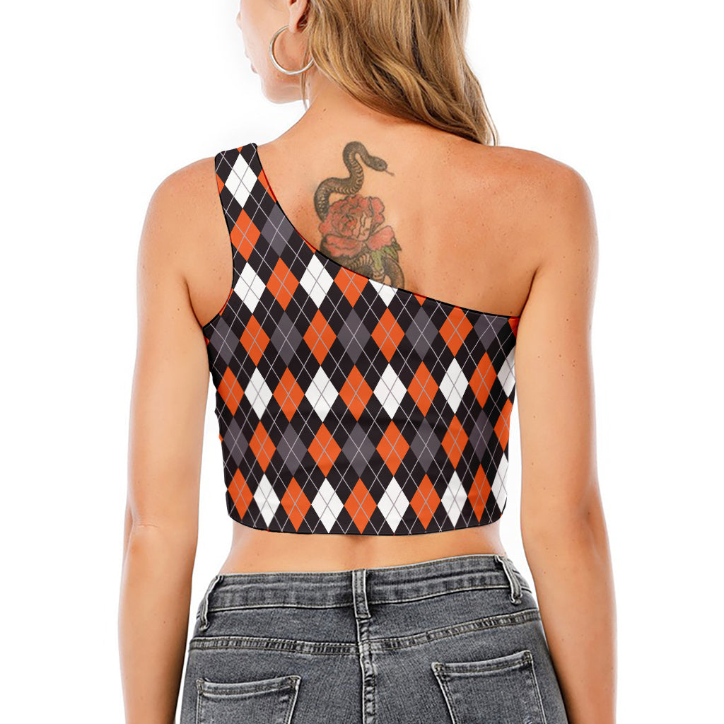 Halloween Argyle Pattern Print One Shoulder Crop Top