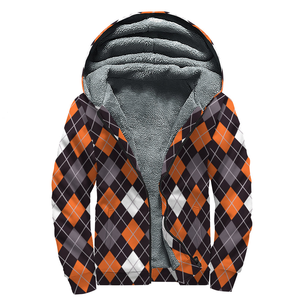 Halloween Argyle Pattern Print Sherpa Lined Zip Up Hoodie