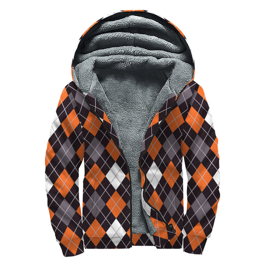 Halloween Argyle Pattern Print Sherpa Lined Zip Up Hoodie