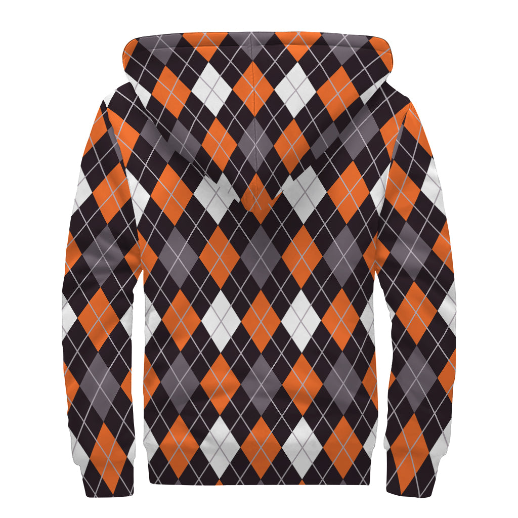 Halloween Argyle Pattern Print Sherpa Lined Zip Up Hoodie