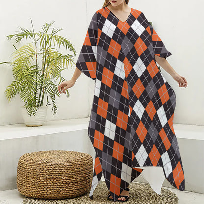 Halloween Argyle Pattern Print Silk V-Neck Kaftan Dress